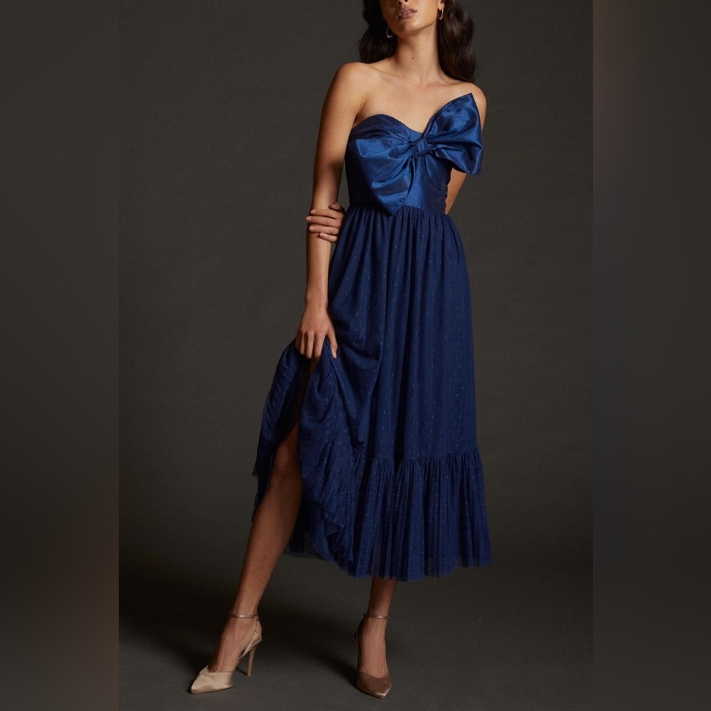 NWT Hutch Tulle Blue Bow Strapless Tiered Wedding Guest Cocktail Midi Dress 6 - Picture 2 of 9